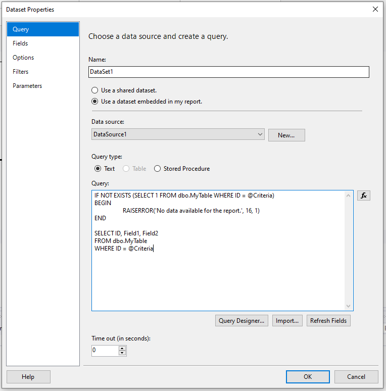 SSRS Dataset properties showing the IF NOT EXISTS